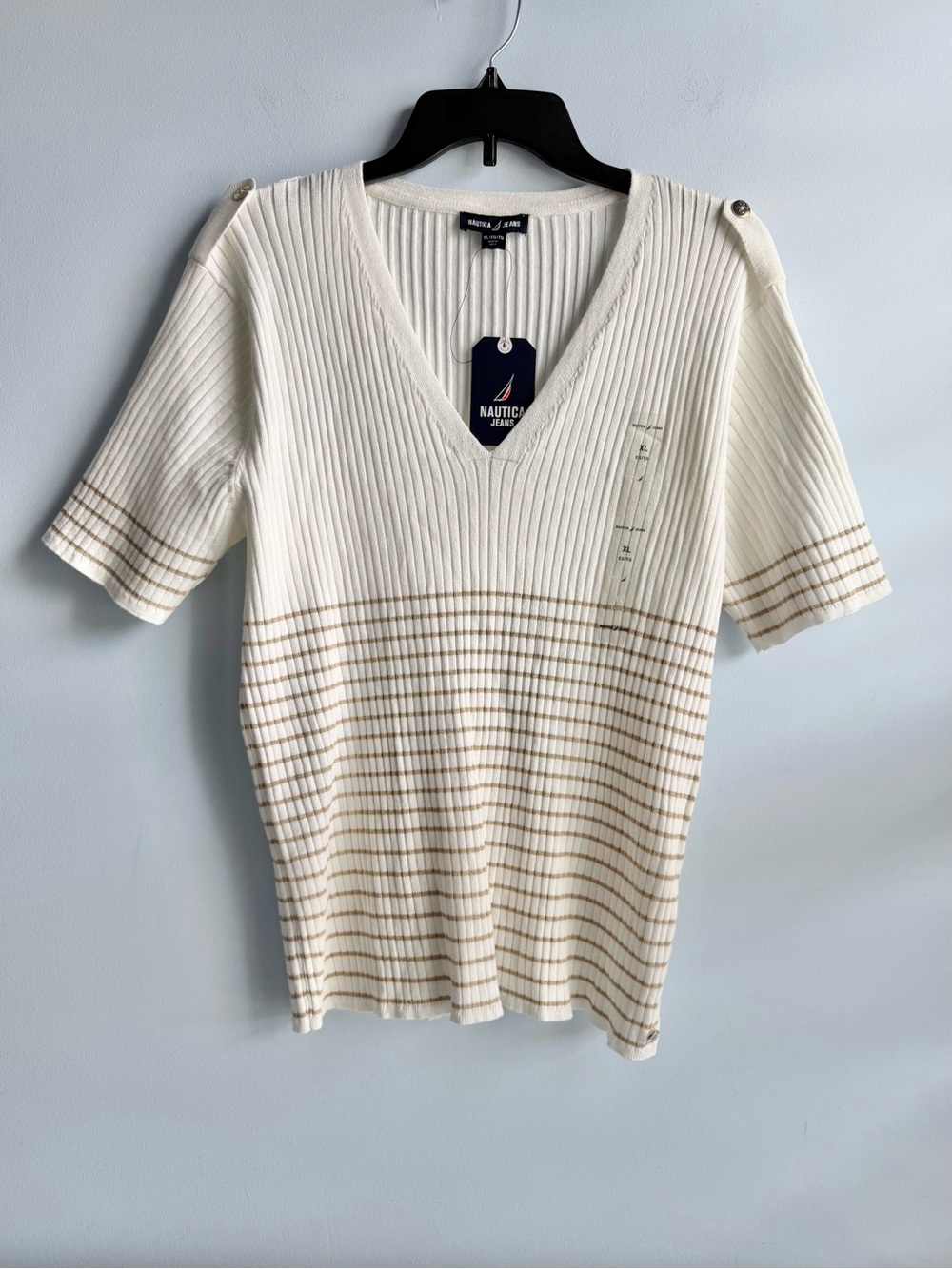 Nautica Women's Ivory Short Sleeve Lurex V-Neck Pullover Sweater Top Size XL